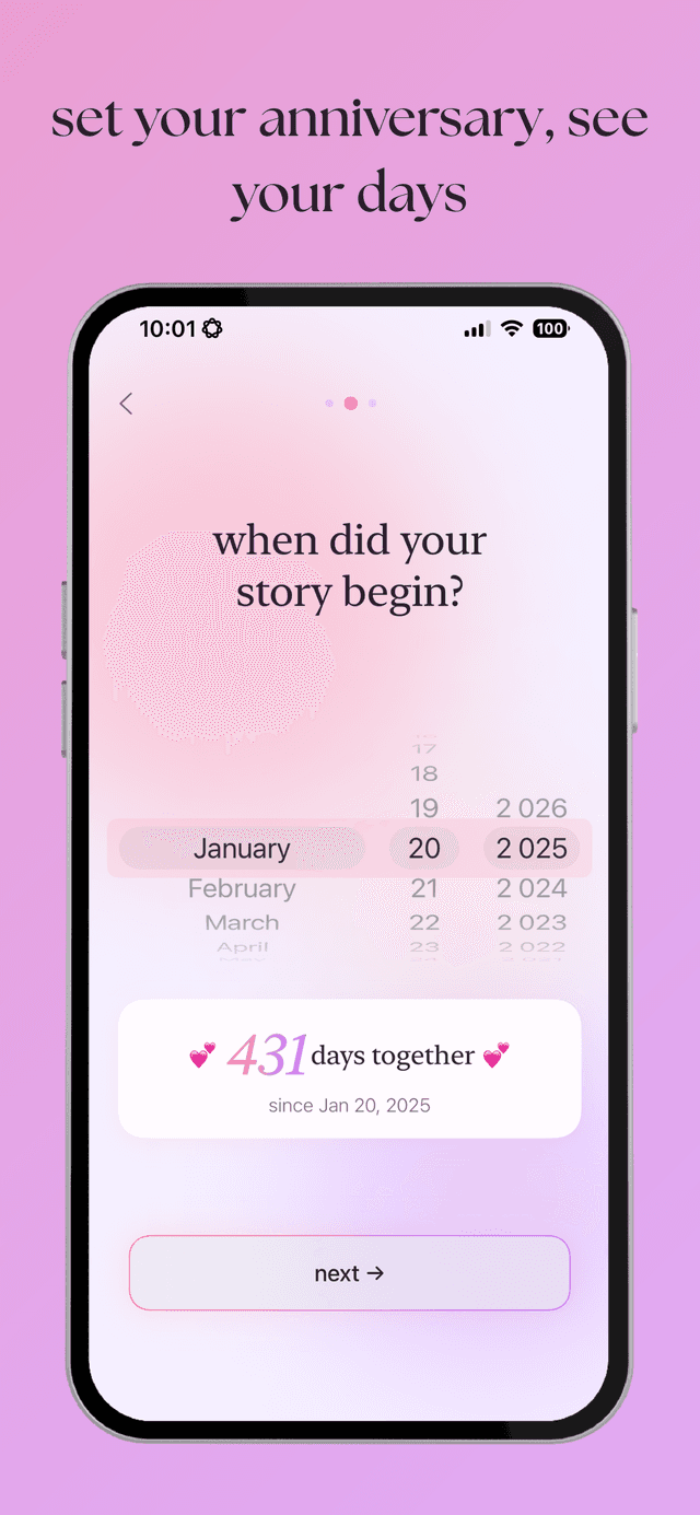 Snugly onboarding screen with anniversary date picker